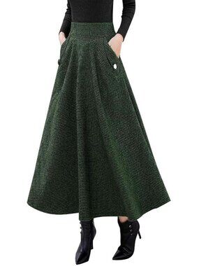 Women's Army Green Fall Winter High Waisted Wool Plaid A-line Long Maxi Skirt